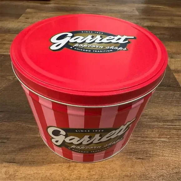 Garrett Popcorn Shops EMPTY Canister w/ Lid Pink & Red Striped 9 in Round Tin