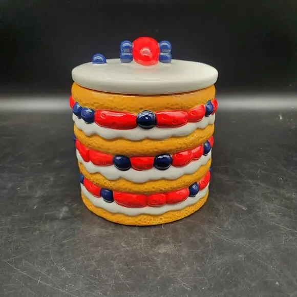 Lang Patriotic Cake Cookie Jar Strawberry Blueberry Ceramic Kitchen Canister