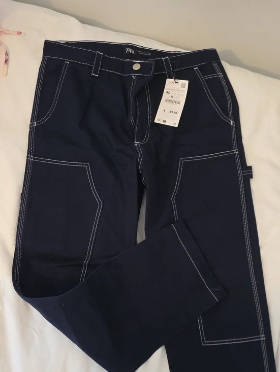Zara Navy Pants with White Contrast Stitching