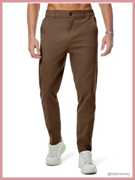 Men's Chino Pants Elastic Waist Tapered Golf Trousers Cotton Stretch