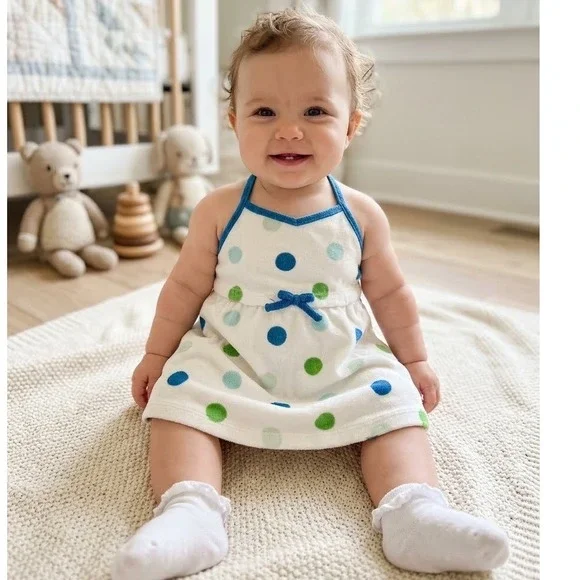 Gymboree Vintage 2004 Polka Dot Terry Cloth Halter Dress Blue Green White 3-6M