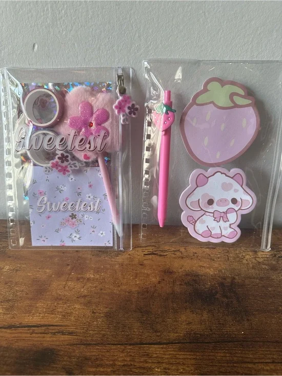 Two Clear Pencil Pouches Stationery Kit with Notepads, Fun Pens, Stickers NWOT