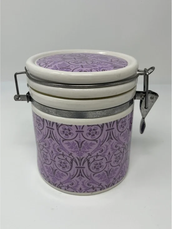 Vintage Purple Floral Ceramic Jar Canister Storage Container Wire Metal Clamp