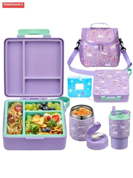 Kids Bento Lunch Box Set with Soup Thermo, Water Bottle & Bag, Leak-Proof 3