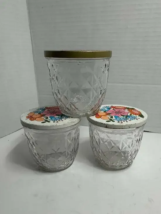 Set of 3 Vintage Ball Quilted Crystal Jelly Jars with Decorative Metal Lids