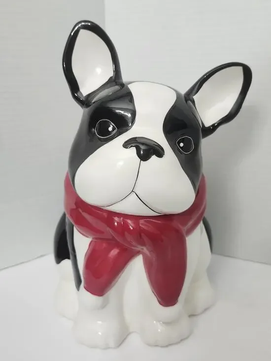 Celebrate It French Bulldog Boston Terrier Cookie Jar Red Scarf Ceramic