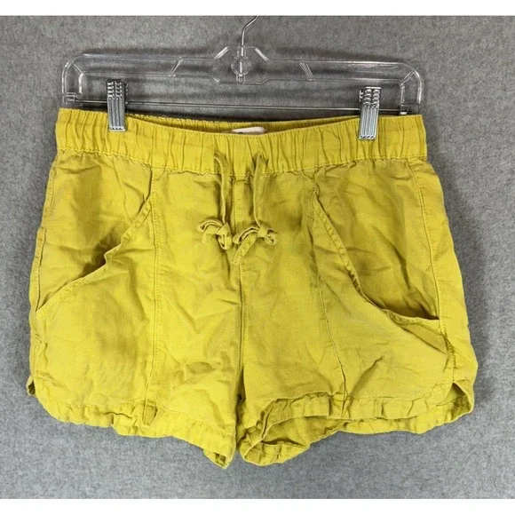 C&C California Shorts Womens Small Yellow Linen Blend Casual Drawstring Pockets