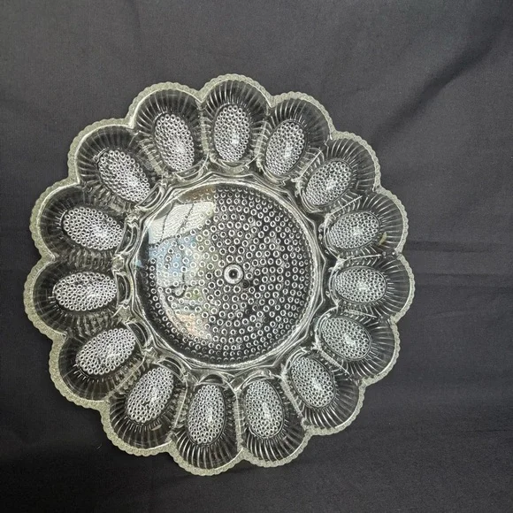 Vtg. Indiana Clear Hobnail Decorative Glass Deviled Egg Serving Platter 11”