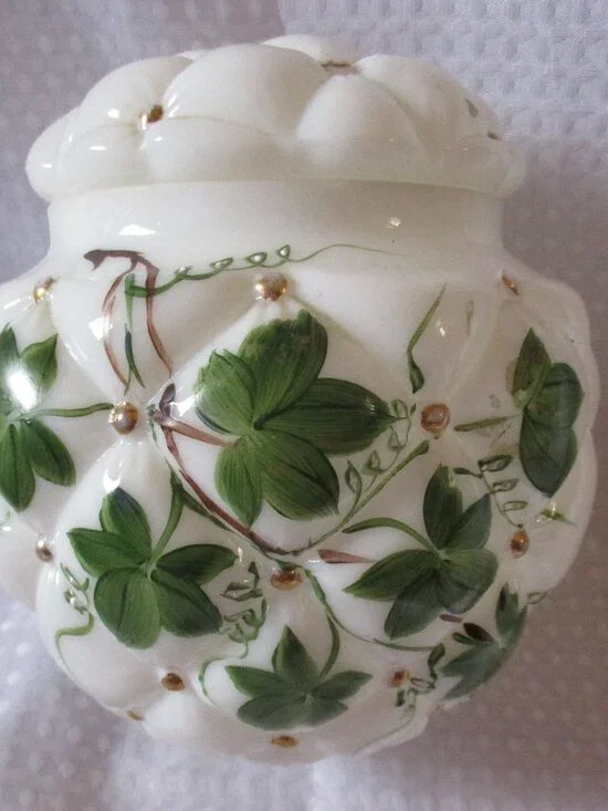 Consolidated Glass Hand Painted White w/Green Ivy Quilted Milk Glass Biscuit Jar
