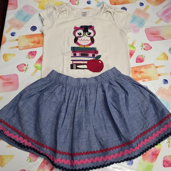 Girls Gymboree Classroom Pink Owl Books & Blue Chambray Skort Outfit Set Size 7