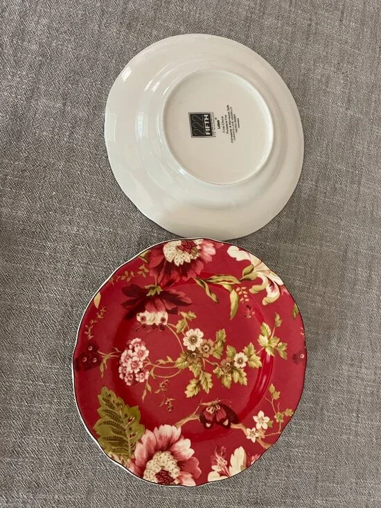 222 Fifth Lutece Red Floral Butterfly Salad Plate 8.75