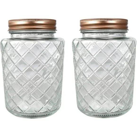 2) Decorative Glass Jar Copper Lid Lattice Diamond Pattern Storage Container NEW