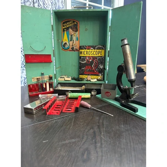 Vintage 1938 AC Gilbert Microscope‎ Set No 1799 Original Wood Case and Manual