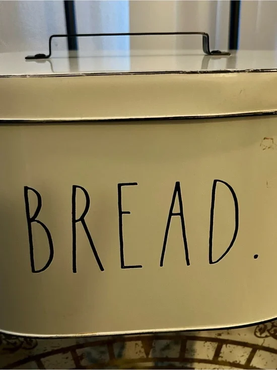 Cream Metal Bread Box set with Black Handle and Lettering