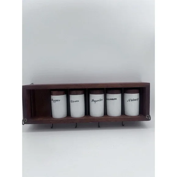Vintage MCM Danish Modern‎ Wood and Porcelain Spice Rack