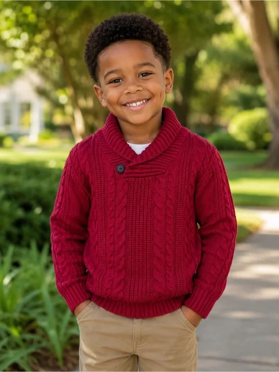 Gymboree Boys Red Cable Knit Shawl Collar Pullover Sweater Size 5/6 Small