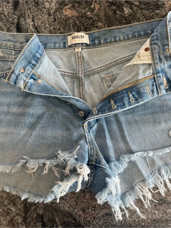 Agolde Light Blue Distressed Denim Jean Shorts