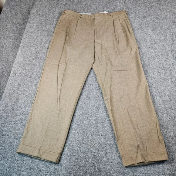 Kirkland Signature Mens 40x32 Wool Pleated Dress Slacks Tan Fancy Cuffed 709655