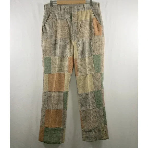 Vintage 70s Mens Patchwork Wool Tweed Pants 34x30 Lined MCM Retro Donegal Pastel