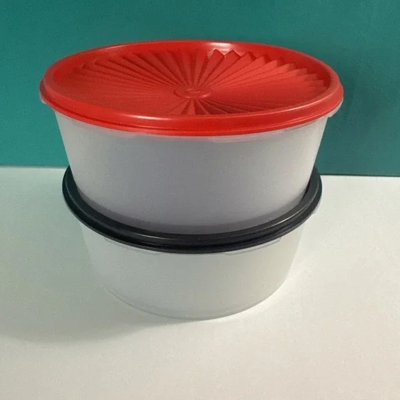 Tupperware Servalier Stacking Cookie Canisters Red & Black One Touch Seal