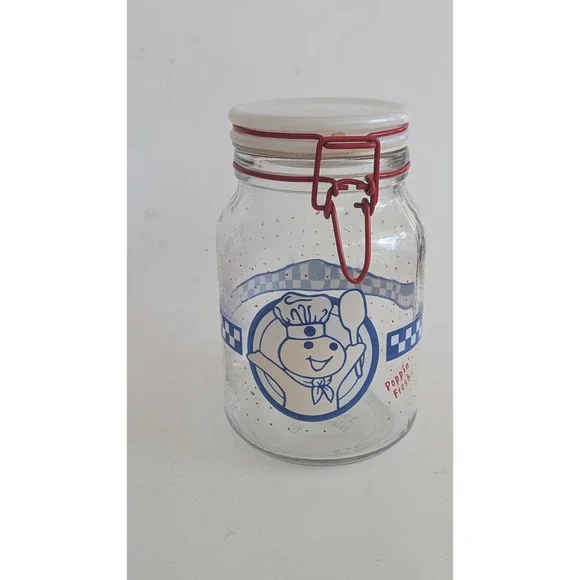 Vintage Pillsbury Doughboy Glass Canister Red Bail Poppin Fresh Polka Dot Jar