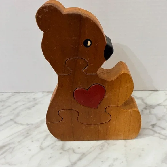 Vintage Handcrafted Wooden Teddy Bear 3D Puzzle Standing‎ Shelf Sitter Red Heart