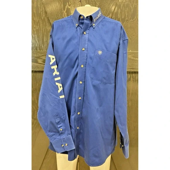 Ariat Mens Long Sleeve Button Up Shirt 2XL Royal Blue Embroidered Spellout Rodeo