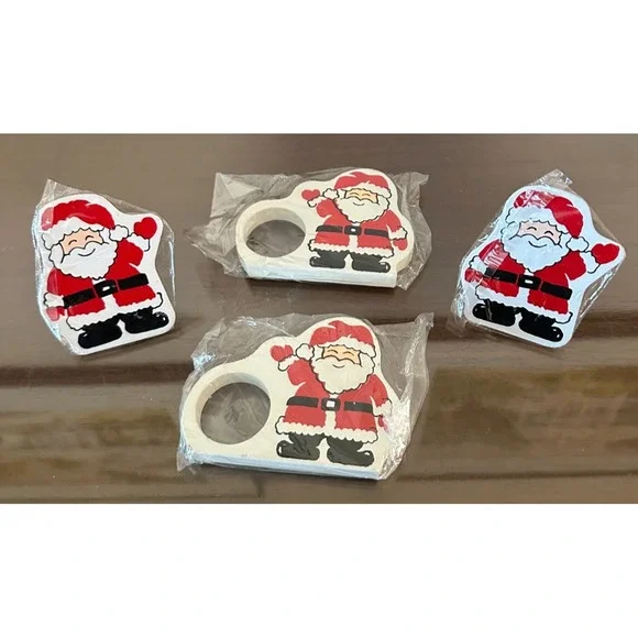 Vintage Napkin Rings Santa Wood & Metal Christmas Set‎ Of 4
