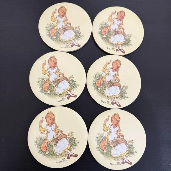 Vintage Holly Hobbie Coaster Set‎ (6) 70s 80s Cork Bottom Kitten Cat Flowers USA