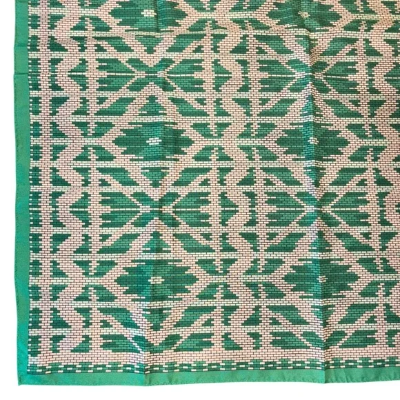 Vintage 70s Polyester Square‎ Scarf Geometric Mosaic Green Beige Teal Japan Made