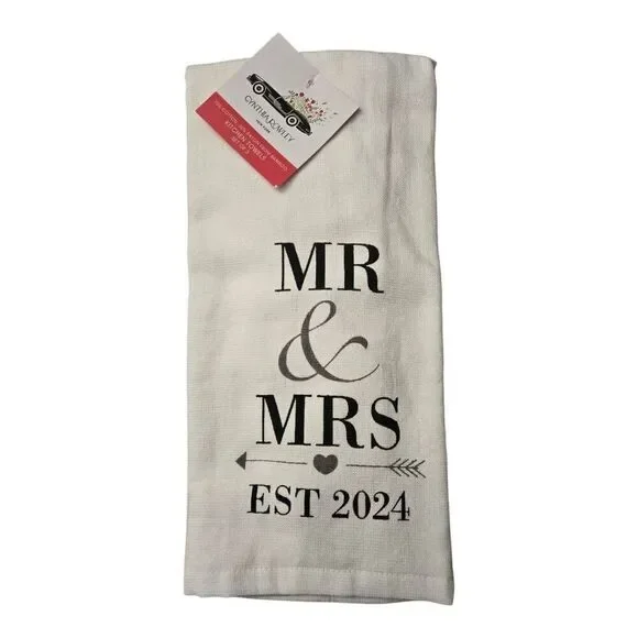 Cynthia Rowley Set Of 3 Kitchen Towels White/Grey Mr. & Mrs. Est 2024