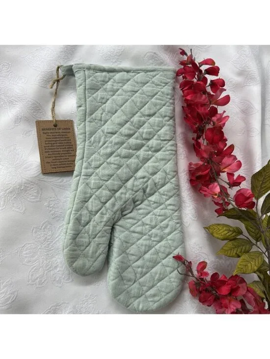 Vikolino Sea Blue Green Linen Quilted Oven Glove Machine Washable 12.5