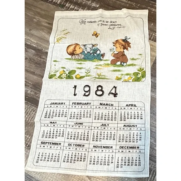 Vintage 1984 Gindl Linen Calendar Tea Towel Psalm 23:2 Children Lamb