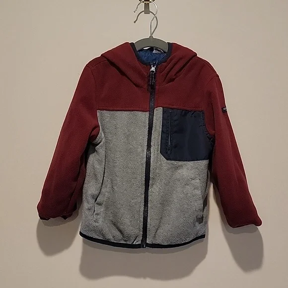 Osh Kosh Boys Kids Clothes Reversible Fleece jacket size 4t Blue Maroon Grey