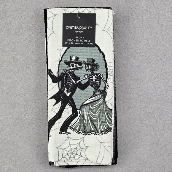 Cynthia Rowley NWT 18x28 Kitchen Towel Set 3 Skeleton Dancing Gothic Halloween