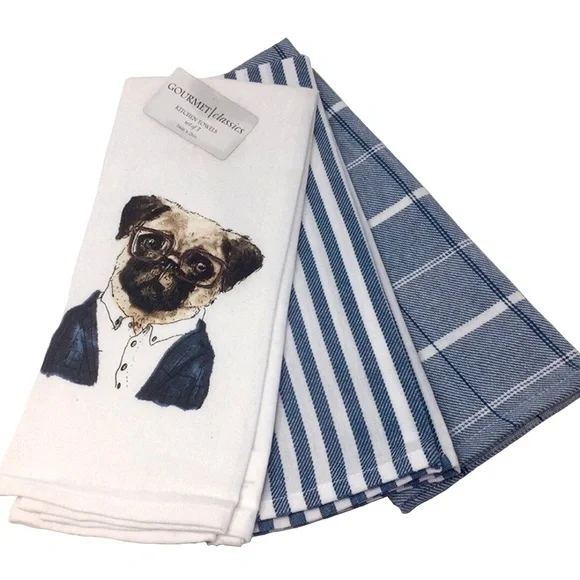 Gourmet Classics | Pug with Glasses | 100% Cotton Kitchen Towels, Set of 3