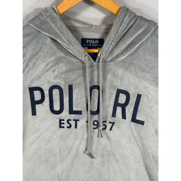 Polo Ralph Lauren Mens Grey Velour Sleepwear Hoodie Logo Large Cozy Luxury Comfy