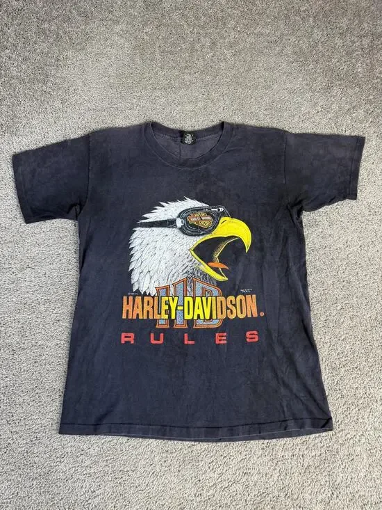 Vintage 90s Harley Davidson Shirt Mens Large Black RULES Screaming Eagle Faded