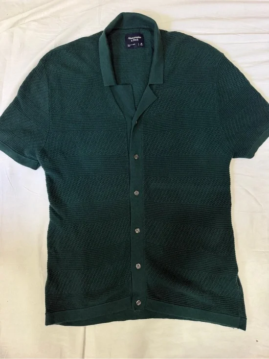 Abercrombie & Fitch Cable Knit Button Up Collared Shortsleeve Green Mens Medium