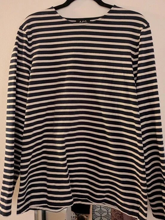 A.P.C. Rue Madame Paris Breton Striped Long Sleeve Tee XL Navy White Logo Patch