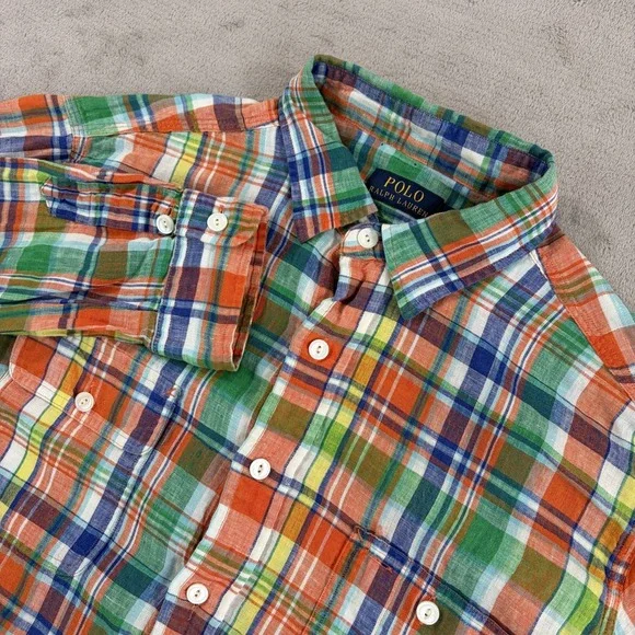 Polo Ralph Lauren 100% Linen Multi Madras Plaid Work Shirt Men Large Pony Preppy