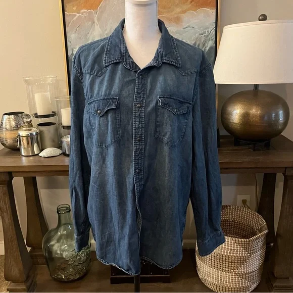 American Eagle Outfitters Men's Blue Denim Button-Down Shirt