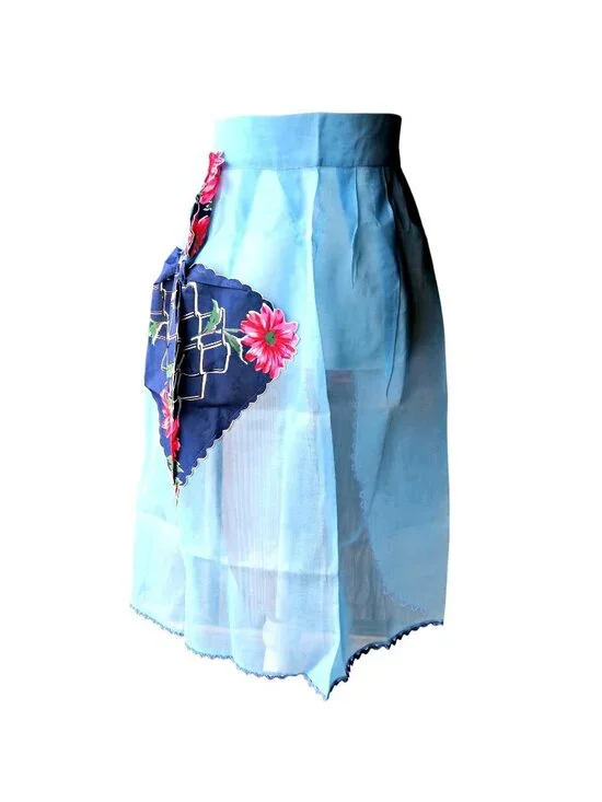 1940s Light Blue Chiffon Hostess Apron – Rick Rack Trim & Floral Hankie Pocket