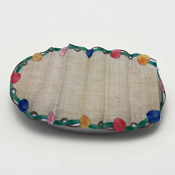 Antique Oval Shape Linen Doily‎ Hand Appliqued Poppy Flowers Poppies 34 Inch