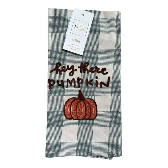 Hey There Pumpkin Set of 2 Plaid Dishtowels 100% Cotton NWT