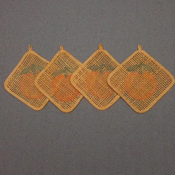 Vintage Woven Straw Peach‎ Trivets Pot Holders Set of 4 Orange Tan Boho Kitchen