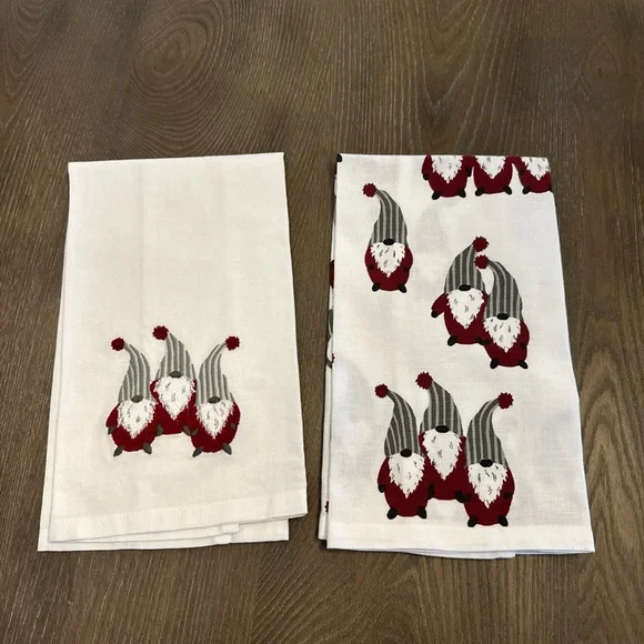 Pottery Barn White Tea Towels with Red & Gray Gnome Embroidery