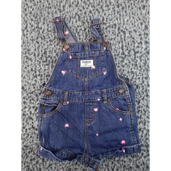 OshKosh Bgosh Toddler Girls Heart Embroidered Denim Shortalls Blue 24M Excellent