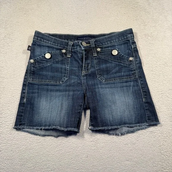 Y2K Rock & Republic Low Rise‎ Denim Jean Shorts Womens 2 Dark Wash Frayed Hem
