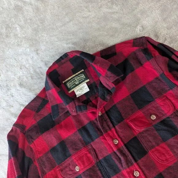 Field & Stream Flannel Shirt Mens XL Tall Red Black Buffalo Plaid Cotton XLT